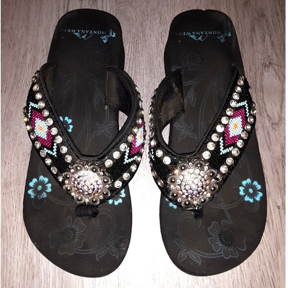 Montana West Rhinestone Bling Beaded Black Platform Flip Flops Sandals Size 10 - Picture 1 of 9